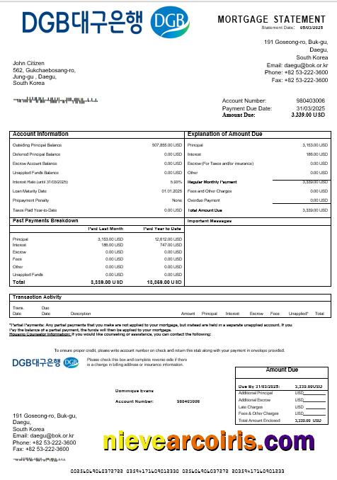 South Korea Daegu bank mortgage statement